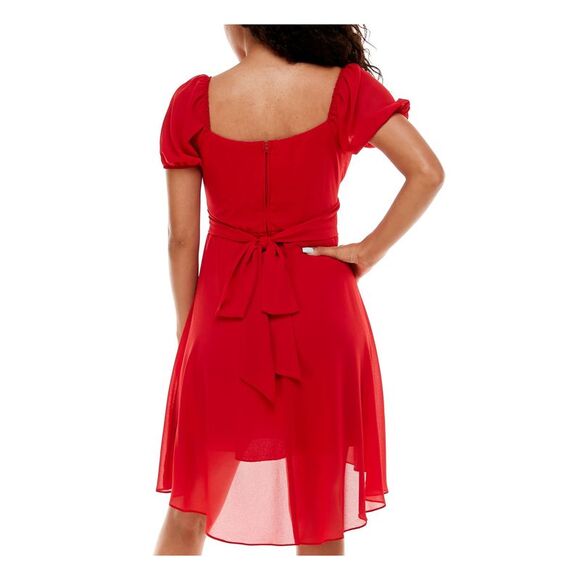 B DARLIN Womens Lined Tie Pouf Sleeve Below The Knee Evening Hi-Lo Dress - Picture 2 of 4